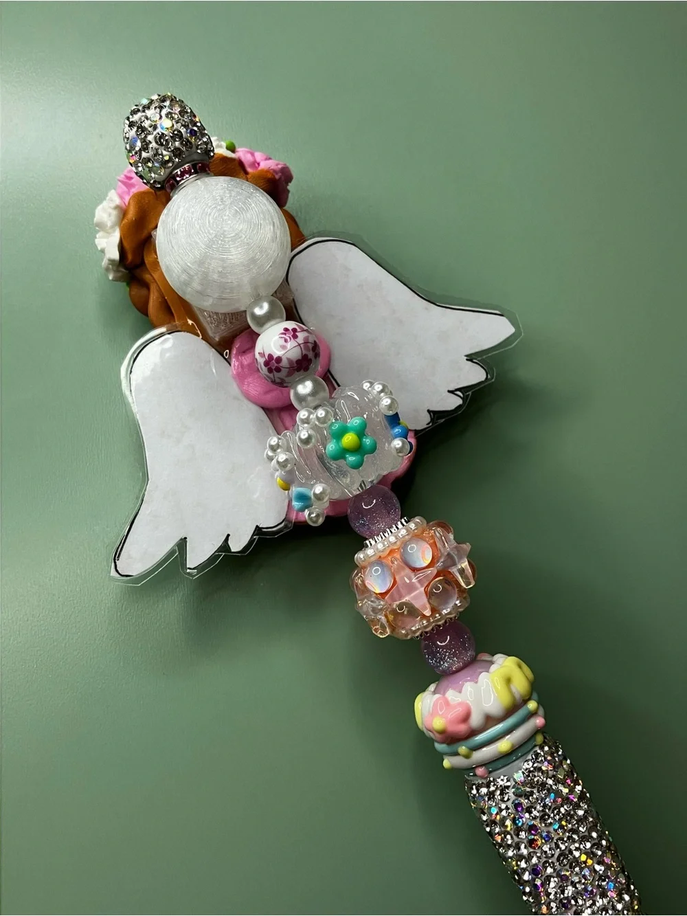Handmade Clay Angel with Laminated Wings Rhinestone Beaded Pen